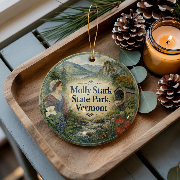 A decorative ornament featuring a woman in traditional attire, surrounded by a scenic landscape, with the text "Molly Stark State Park, Vermont" prominently displayed.