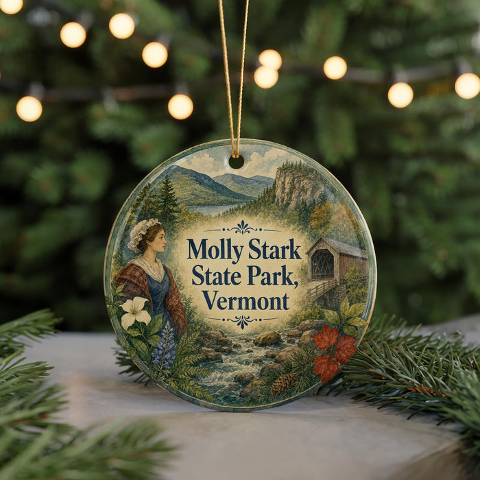 A round ornament with a scenic image of Molly Stark State Park in Vermont, featuring a woman in traditional clothing and a wooden bridge.