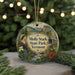 A round ornament with a scenic image of Molly Stark State Park in Vermont, featuring a woman in traditional clothing and a wooden bridge.