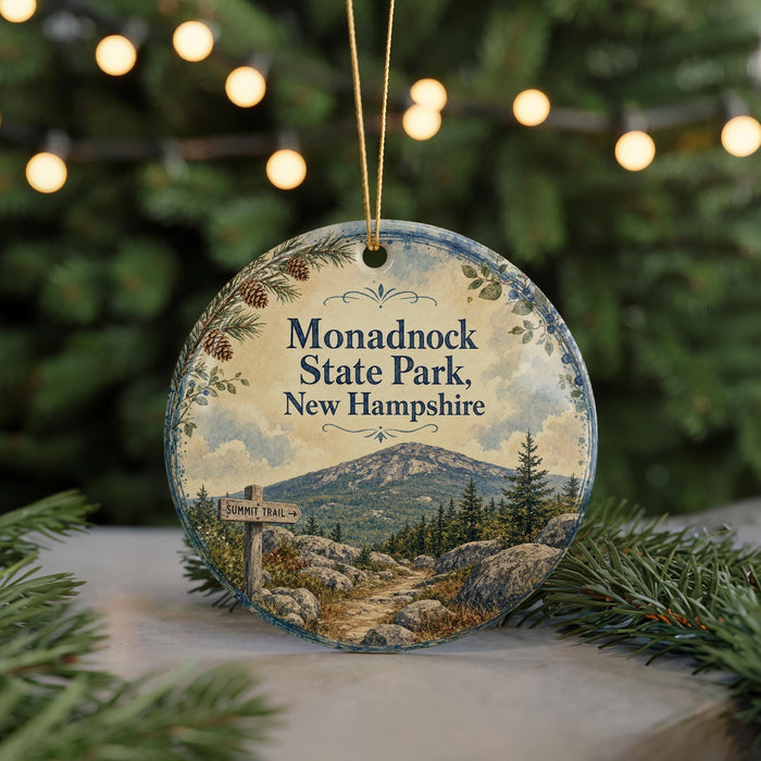 A round ornament with a scenic mountain landscape and pine trees, featuring the text "Monadnock State Park, New Hampshire" and a trail sign.