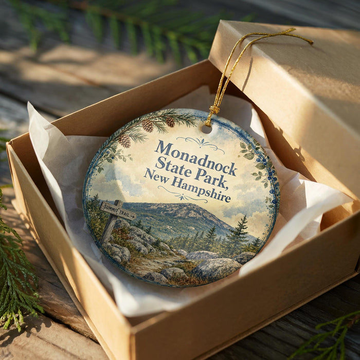 A decorative ornament in a box, featuring a scenic landscape with mountains and pine trees, with the text "Monadnock State Park New Hampshire" printed on it.