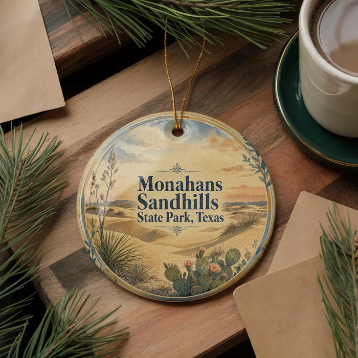 A decorative ornament with the text "Monahans Sandhills State Park, Texas" is displayed on a wooden surface, surrounded by pine branches and a cup of coffee.