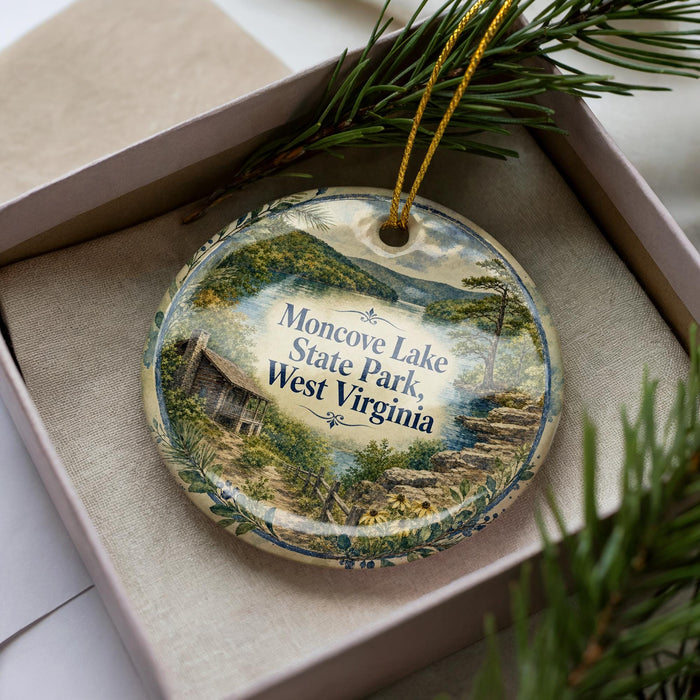 A decorative ornament in a box, featuring a scenic landscape with mountains, trees, and a cabin.