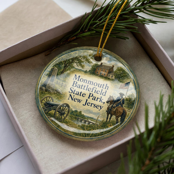 A decorative ornament in a box, featuring a scene from Monmouth Battlefield State Park, New Jersey.