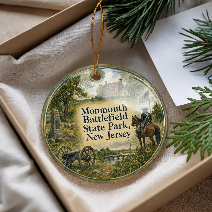A decorative ornament with a painting of a historical scene, featuring a person on horseback, a cannon, and a building, is displayed in a box with pine branches.