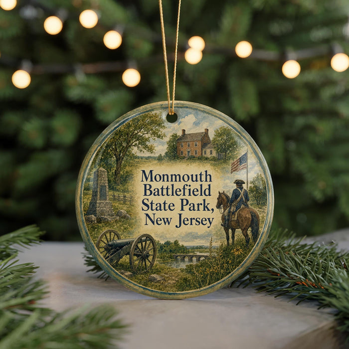 A round ornament with a painting of a historical scene, featuring a person on horseback, a cannon, and a building, surrounded by greenery.