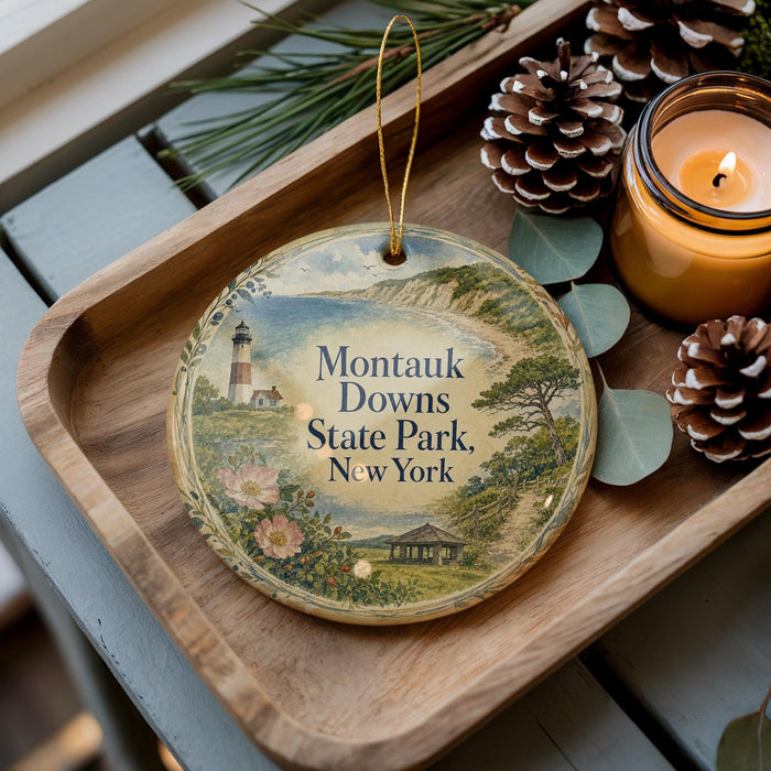 A decorative ornament featuring a lighthouse and a scenic landscape, placed on a wooden tray alongside pine cones and a lit candle.