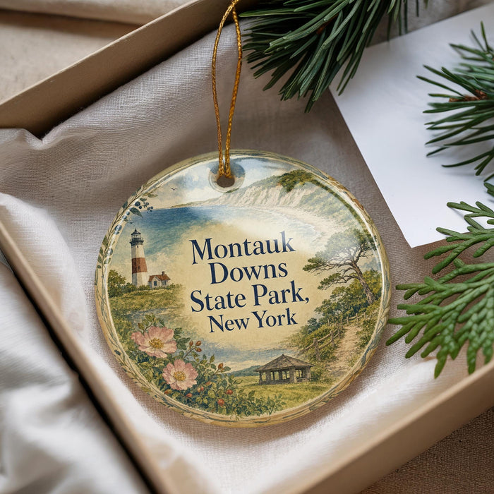 A decorative ornament with a lighthouse and a scenic landscape, featuring the text "Montauk Down's State Park, New York".