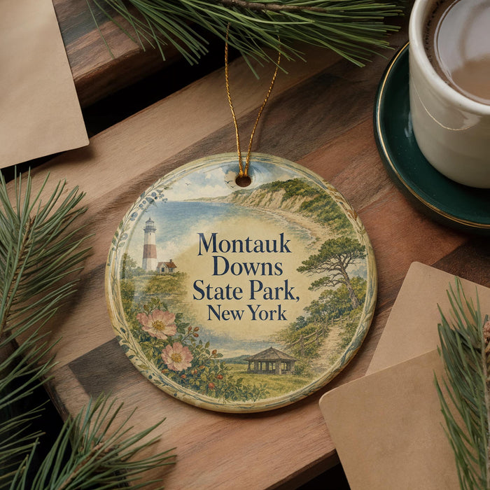 A decorative ornament with a lighthouse and a scenic landscape, featuring the text "Montauk Dows State Park, New York".