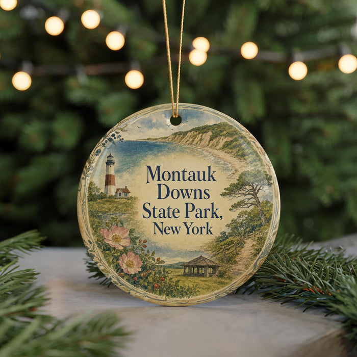 A decorative ornament featuring a lighthouse and a scenic landscape, with the text "Montauk Downs State Park, New York" prominently displayed.
