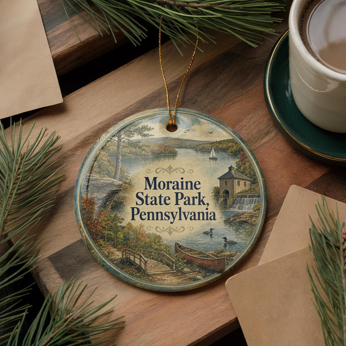 A round ornament with a scenic image of Moraine State Park, Pennsylvania, hanging on a wooden surface.