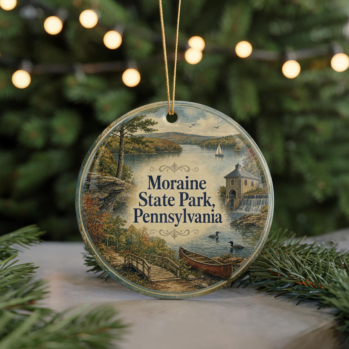 A round ornament with a scenic image of Moraine State Park, Pennsylvania, featuring a lake, a bridge, and a boat.