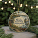 A round ornament with a scenic image of Moraine State Park, Pennsylvania, featuring a lake, a bridge, and a boat.