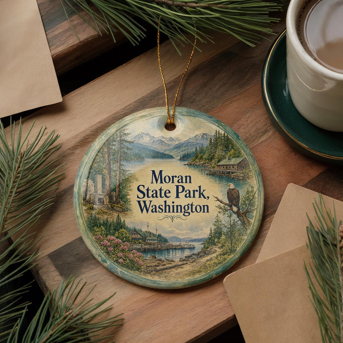 A round ornament with a scenic landscape of mountains, water, and a bird perched on a branch, hanging on a wooden surface.