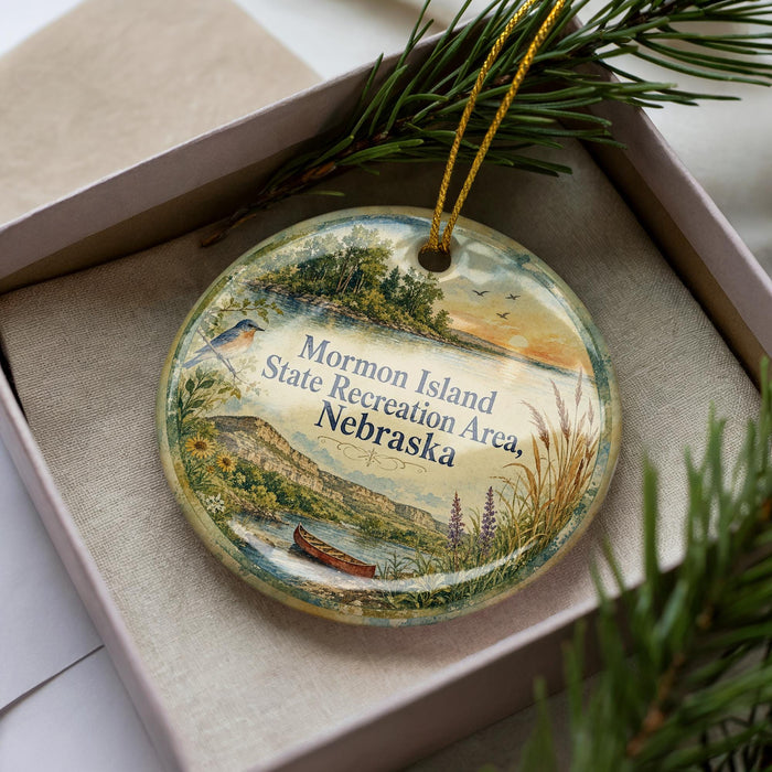 A decorative ornament in a box, featuring a scenic landscape with a lake, mountains, and a bird, along with the text "M Mormon Island State Recreation Area, Nebraska".
