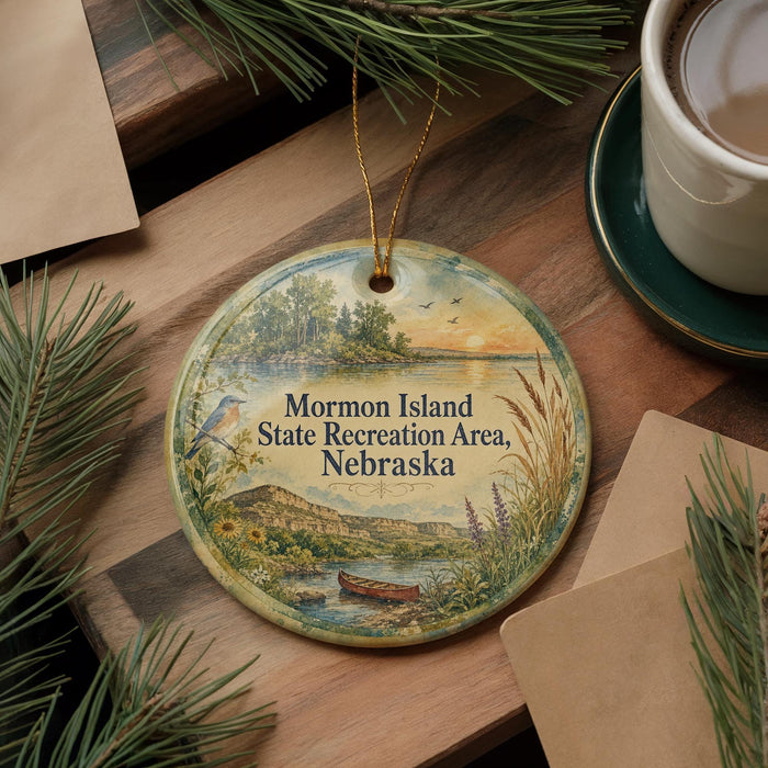 A round ornament with a scenic landscape depicting a lake, mountains, and a boat, hanging on a wooden surface.