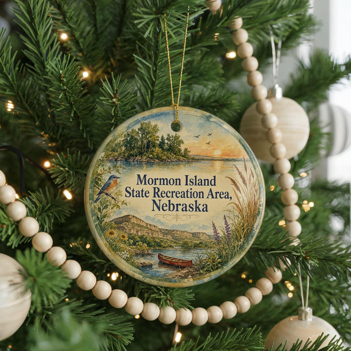 A round ornament hanging on a Christmas tree, featuring a scenic landscape of a lake, mountains, and a bird in flight.