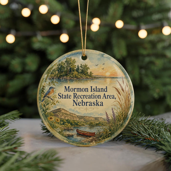 A round ornament with a scenic landscape depicting a lake, mountains, and a bird, hanging from a string.