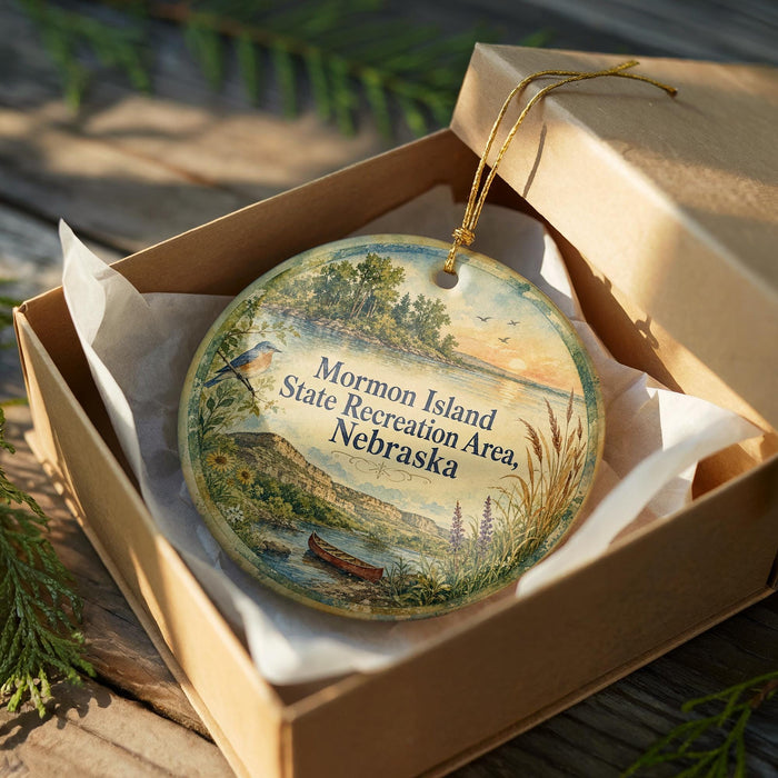 A round ornament in a box, featuring a scenic landscape with a lake, mountains, and a bird, is displayed on a wooden surface.