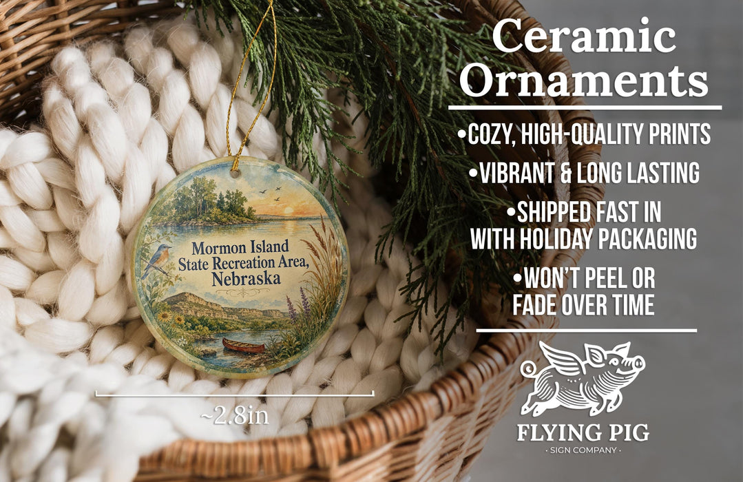 Ceramic ornaments, including a round ornament with a scenic landscape of Mormon Island, Nebraska, and a wicker basket with greenery.