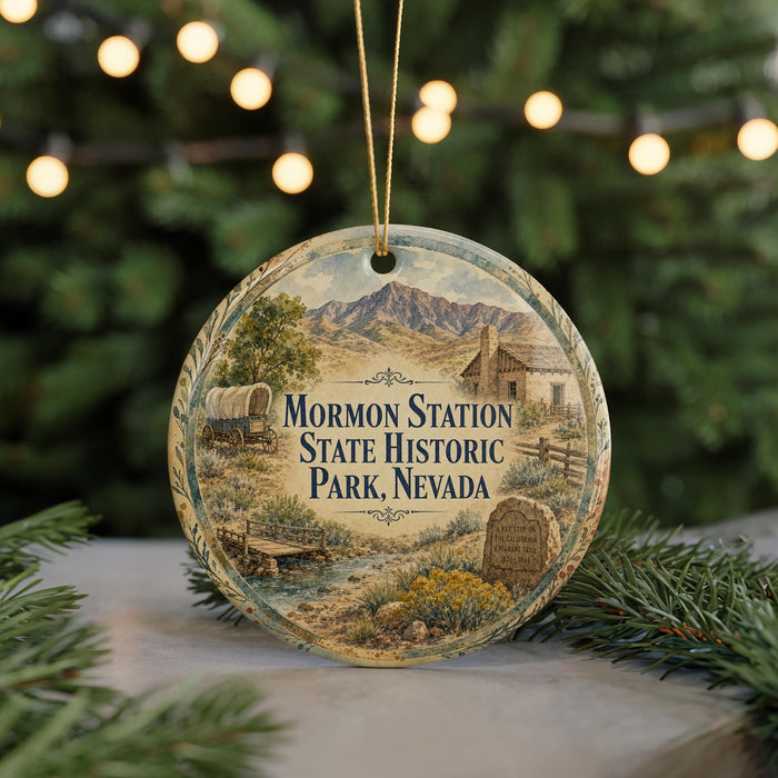 A round ornament with a picture of a wagon and a house, surrounded by greenery, with the text "M Mormon Station State Historic Park, Nevada" displayed on it.