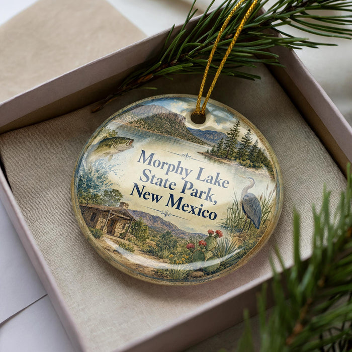 A decorative ornament in a box, featuring a scenic landscape with mountains, pine trees, and a lake.