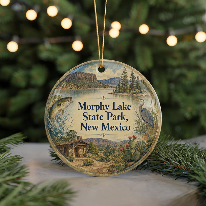 A round ornament with a scenic image of Morphy Lake State Park, New Mexico, featuring a lake, mountains, and wildlife.