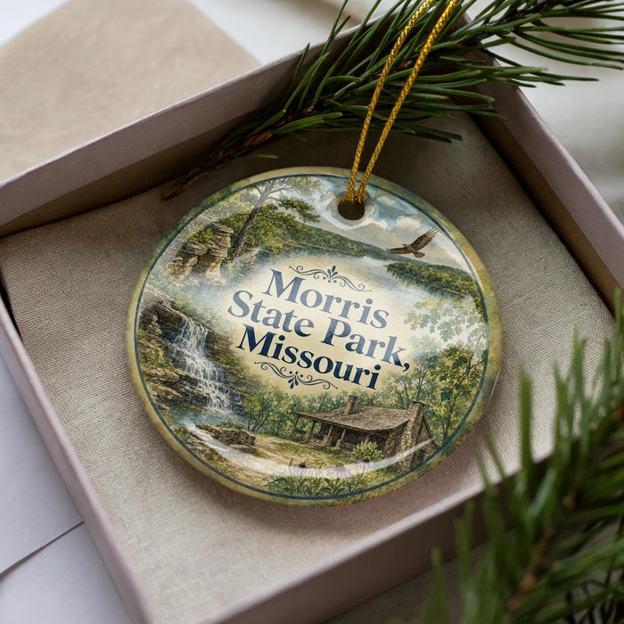A decorative ornament with a scenic image of a waterfall and a cabin, surrounded by greenery, placed in a box.