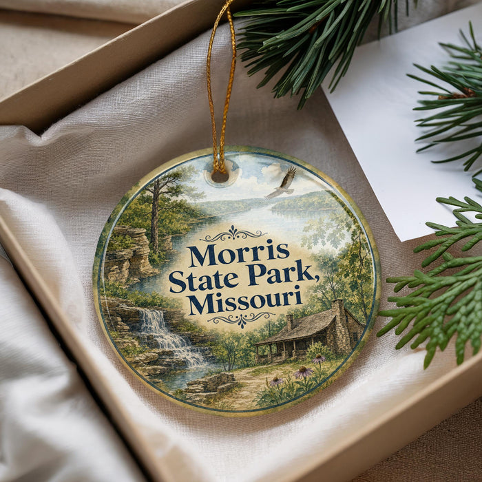 A decorative ornament with a scenic landscape of a waterfall and a cabin, hanging from a string.