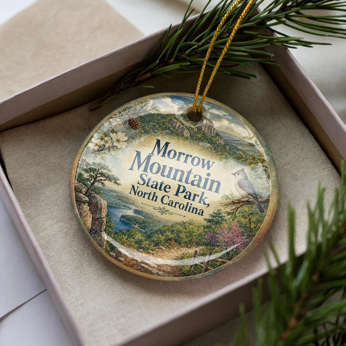 A decorative ornament in a box, featuring a scenic landscape with mountains, trees, and a bird, along with the text "Morrow Mountain State Park, North Carolina".