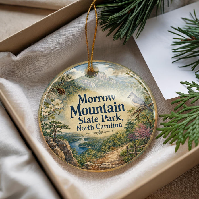 A decorative ornament with a scenic mountain landscape, featuring a bird perched on a tree branch, is displayed in a box with pine branches.