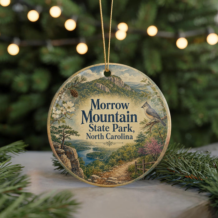 A round ornament with a scenic mountain landscape and a bird perched on a branch, hanging from a string.