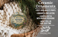 a ceramic ornament hanging from a wicker basket, with a description of the ornament and its features.