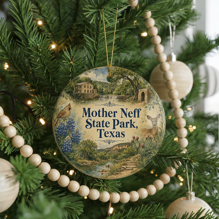 A Christmas tree decorated with ornaments, including a circular ornament with a scenic image of Mother Neff State Park, Texas.