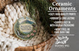 Ceramic ornaments, featuring a mountain landscape and pine trees, are displayed in a woven basket.
