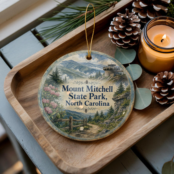 A decorative ornament featuring a scenic mountain landscape with pine trees, a winding path, and a castle in the distance, placed on a wooden tray alongside pine cones and a lit candle.
