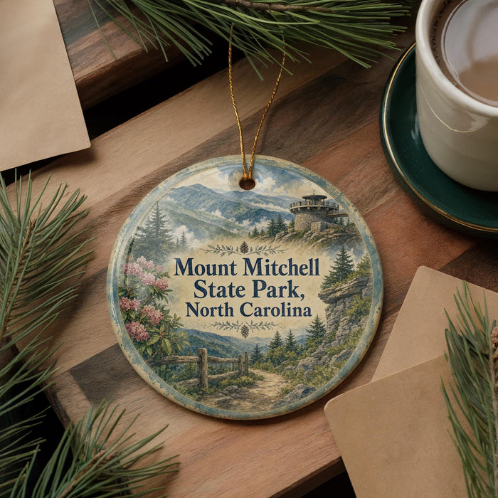 A round ornament with a scenic mountain landscape and pine trees, featuring the text "Mount Mitchell State Park, North Carolina".
