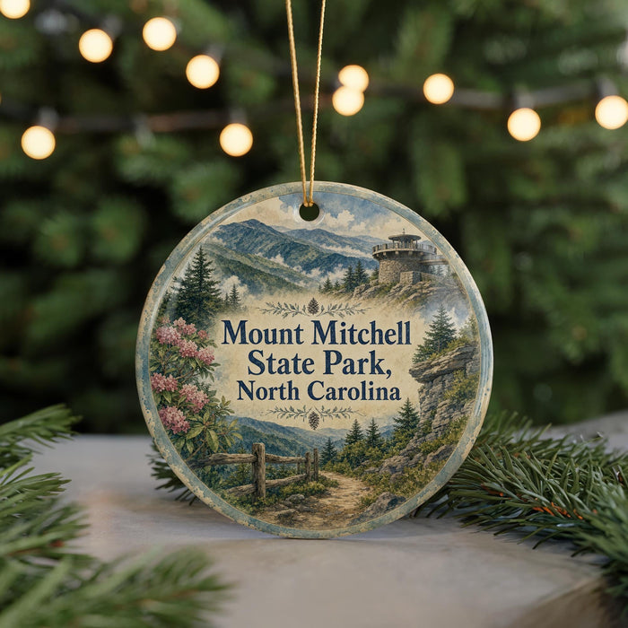 A round ornament with a scenic mountain landscape and a cabin in the background, hanging from a string.