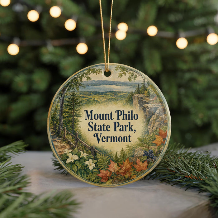 A round ornament with a scenic landscape of Mount Philo State Park, Vermont, featuring a path, trees, and flowers.