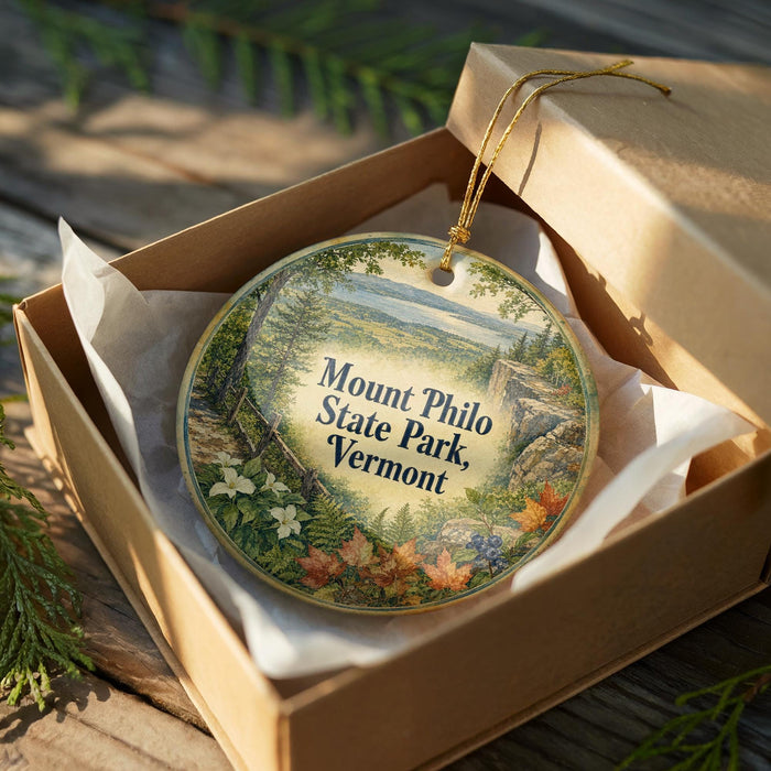 A decorative ornament in a brown box, featuring a scenic landscape of Mount Philo State Park in Vermont.