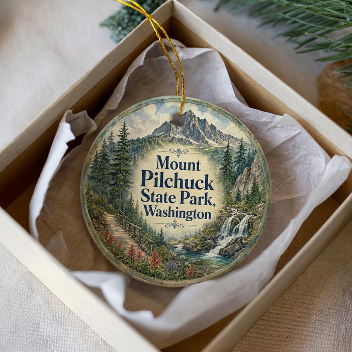 A decorative ornament in a box, featuring a scenic mountain landscape with a waterfall and pine trees.