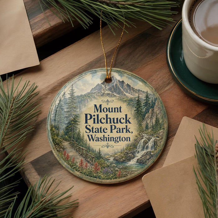 A decorative ornament featuring a scenic mountain landscape with pine trees, a waterfall, and a path, hanging on a wooden surface.