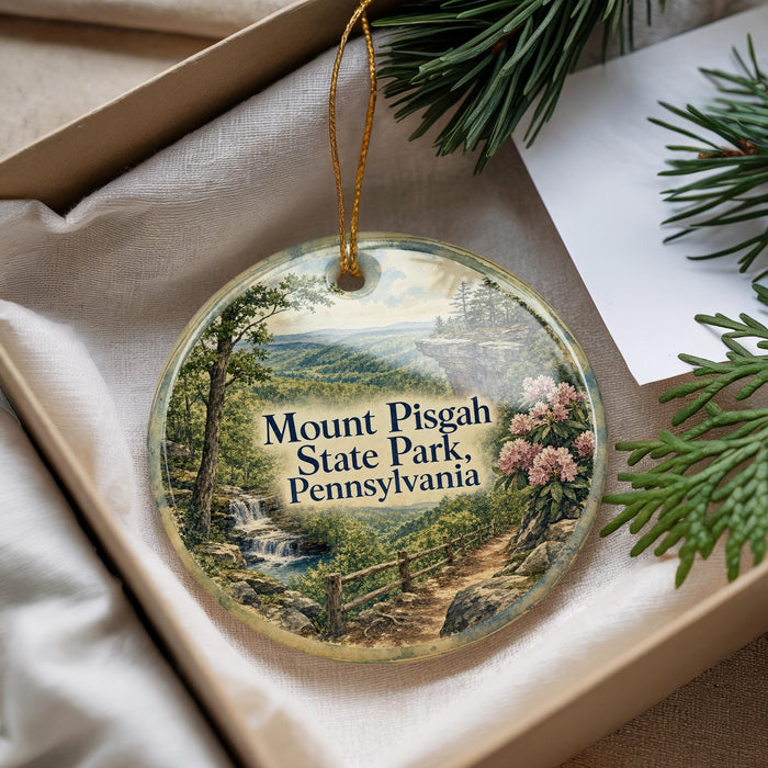 A decorative ornament with a scenic landscape of Mount Pisgah State Park, Pennsylvania, featuring a winding path, a waterfall, and pine trees.
