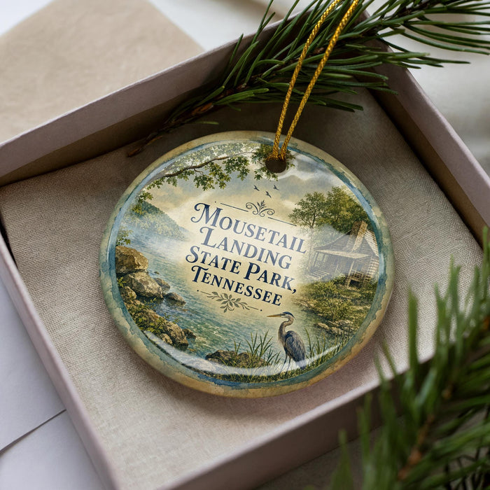 A decorative ornament in a box, featuring a scenic image of Moutail Landing State Park in Tennessee.