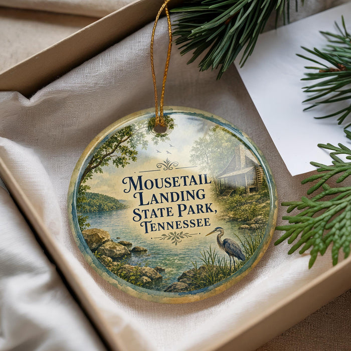 A decorative ornament with a scenic image of a lake and surrounding landscape, featuring a bird in the foreground.