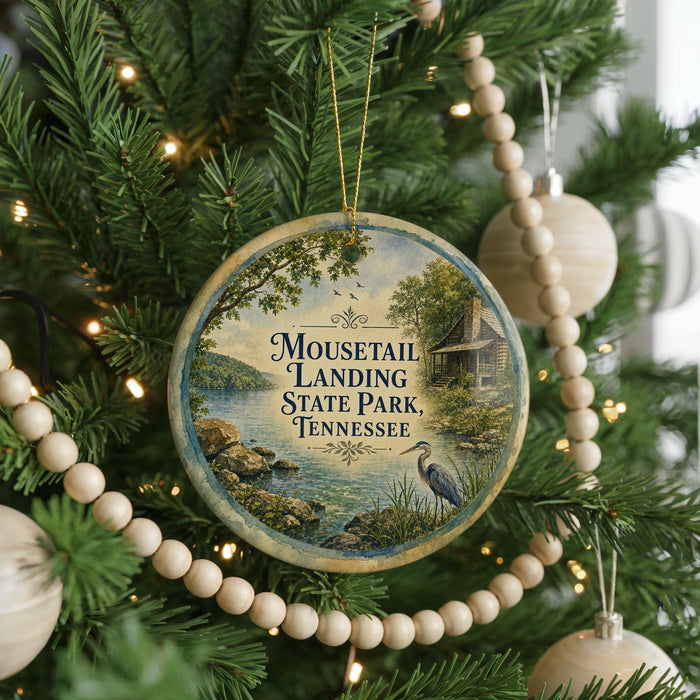 A round ornament hanging on a Christmas tree, featuring a scenic image of a lake and mountains with a bird in the foreground.