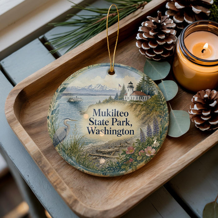 A decorative ornament featuring a scenic landscape with a lighthouse, mountains, and pine cones, placed on a wooden tray alongside a lit candle.