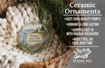 Ceramic ornaments, featuring a detailed image of Mukilteo State Park, Washington, are displayed in a woven basket. The ornaments are described as cozy, high-quality prints, vibrant, and long-lasting, and are shipped fast in holiday packaging. They are not to be peeled or faded over time. The image also includes a scale for size comparison and a logo for the Flying Pig Sign Company.