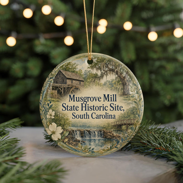 A round ornament with a painting of Musgrove Mill, a historic site in South Carolina, surrounded by greenery and a string of lights.