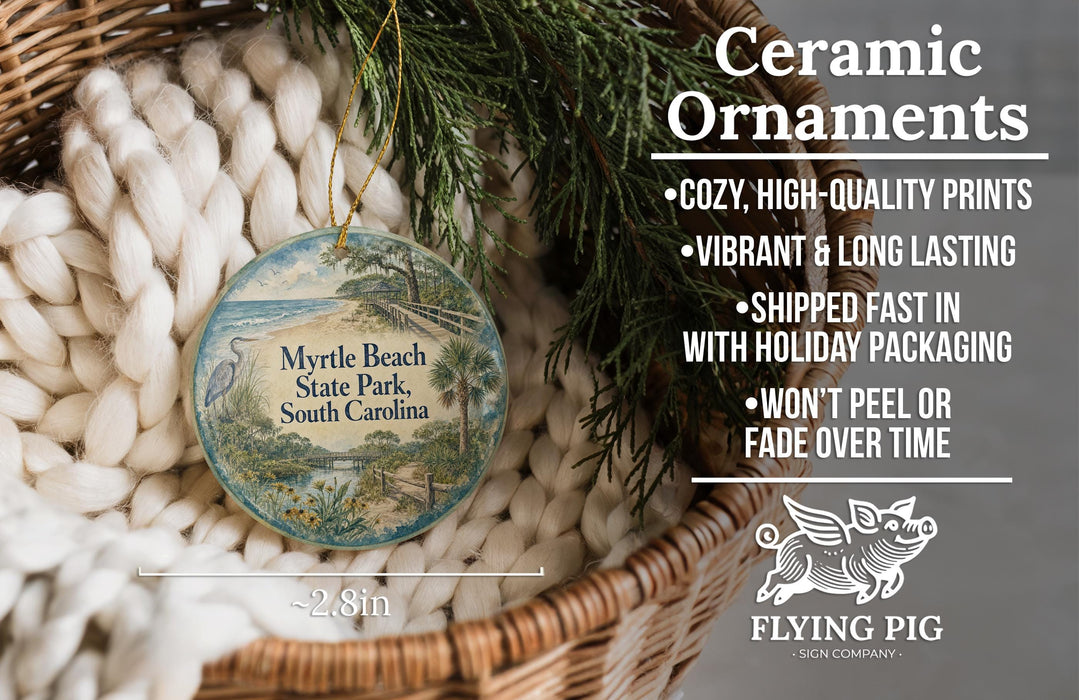 Ceramic ornaments, featuring a blue and green design with a bird and palm trees, are displayed in a basket.
